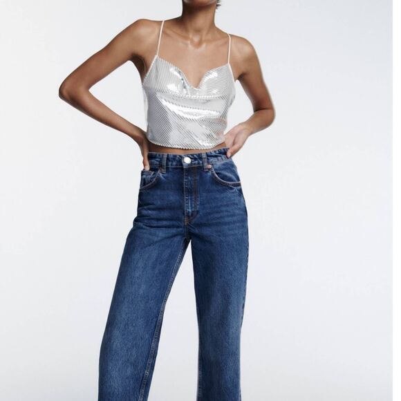 ZARA SHIMMERY CROP TOP XS Silver New - Picture 2 of 6
